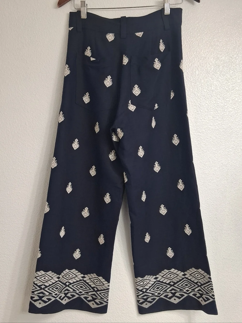 NWOT Zara Navy Blue Wide Leg Pants With Embroidery Size XS